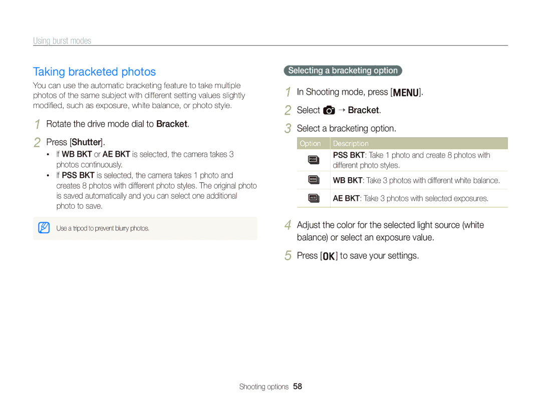 Samsung EC-WB2000BPBIL, EC-WB2000BPAE1, EC-WB2000BPBE1 manual Taking bracketed photos, Rotate the drive mode dial to Bracket 