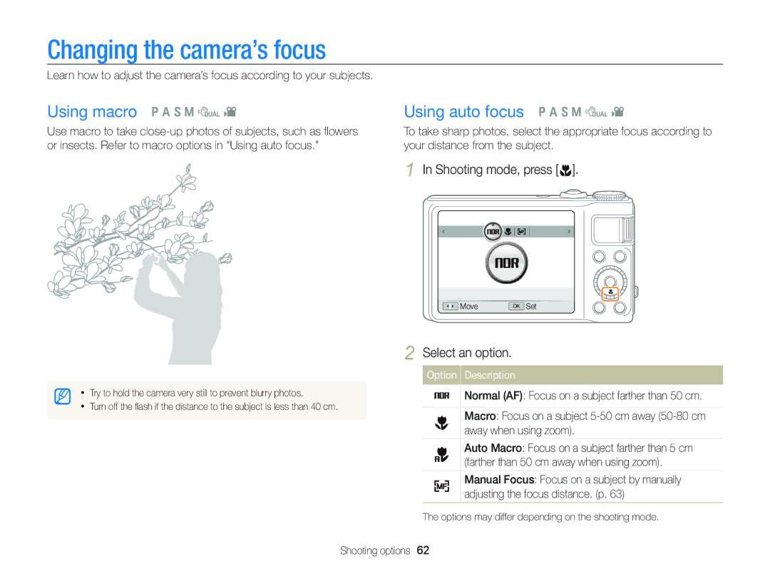 Samsung EC-WB2000BPAE3, EC-WB2000BPAE1 manual Changing the camera’s focus, Using macro p a S M d, Using auto focus p a S M d 