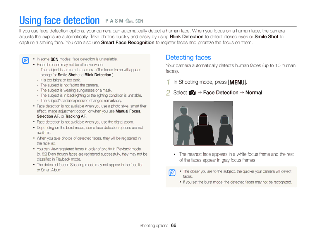 Samsung EC-WB2000BPBRU, EC-WB2000BPAE1, EC-WB2000BPBE1, EC-WB2000BPBIT Using face detection p a S M d s, Detecting faces 