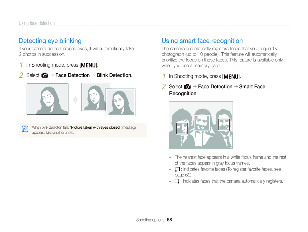 Samsung EC-WB2000BPBIL, EC-WB2000BPAE1, EC-WB2000BPBE1, EC-WB2000BPBIT Detecting eye blinking, Using smart face recognition 