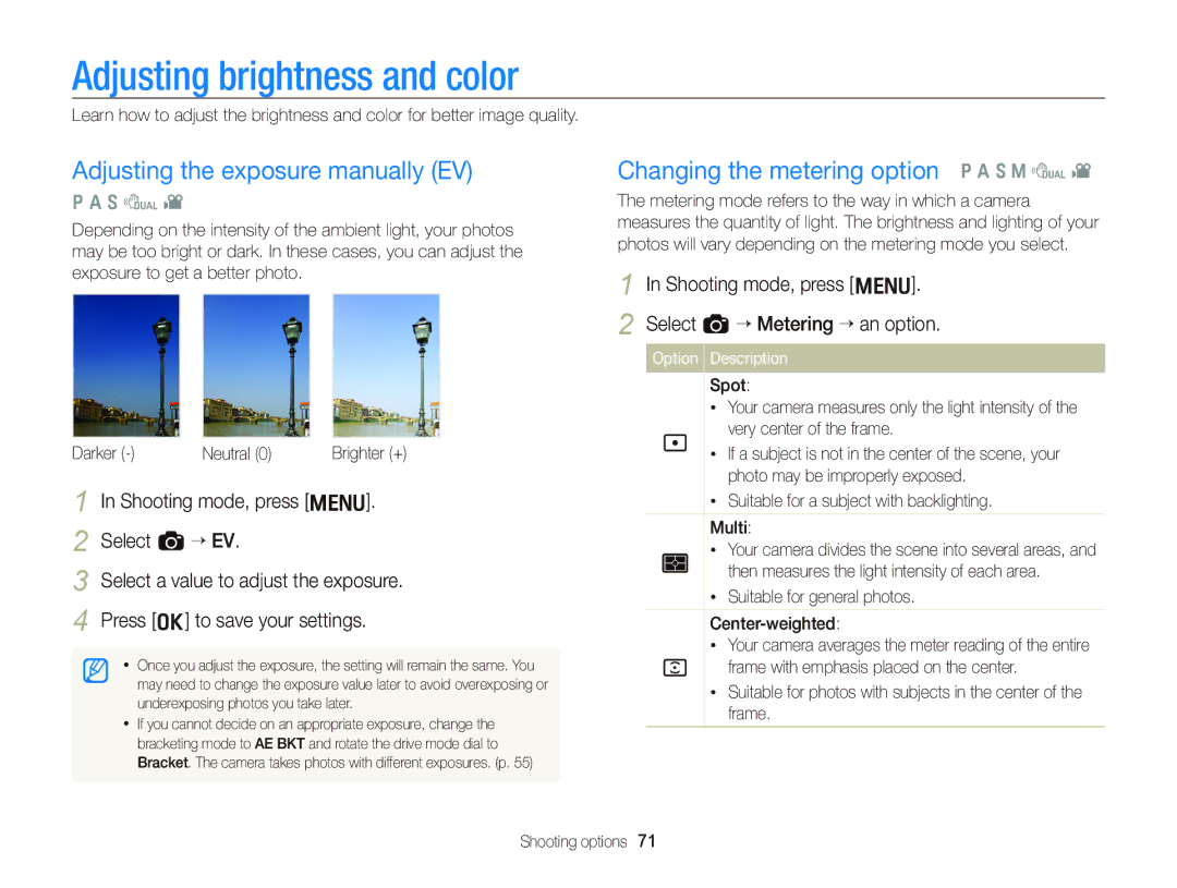 Samsung EC-WB2000BPBIT, EC-WB2000BPAE1, EC-WB2000BPBE1 Adjusting brightness and color, Adjusting the exposure manually EV 