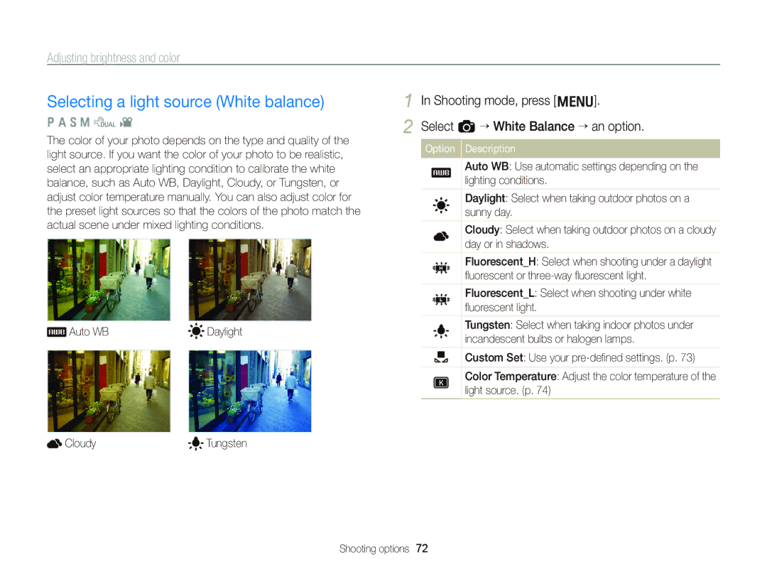 Samsung EC-WB2000BPAE3 manual Selecting a light source White balance, Adjusting brightness and color, Auto WB Daylight 