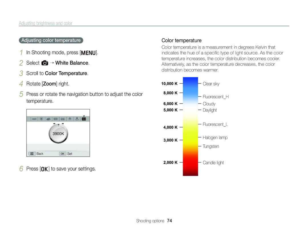 Samsung EC-WB2000BPBE2, EC-WB2000BPAE1 manual Press o to save your settings Color temperature, Adjusting color temperature 