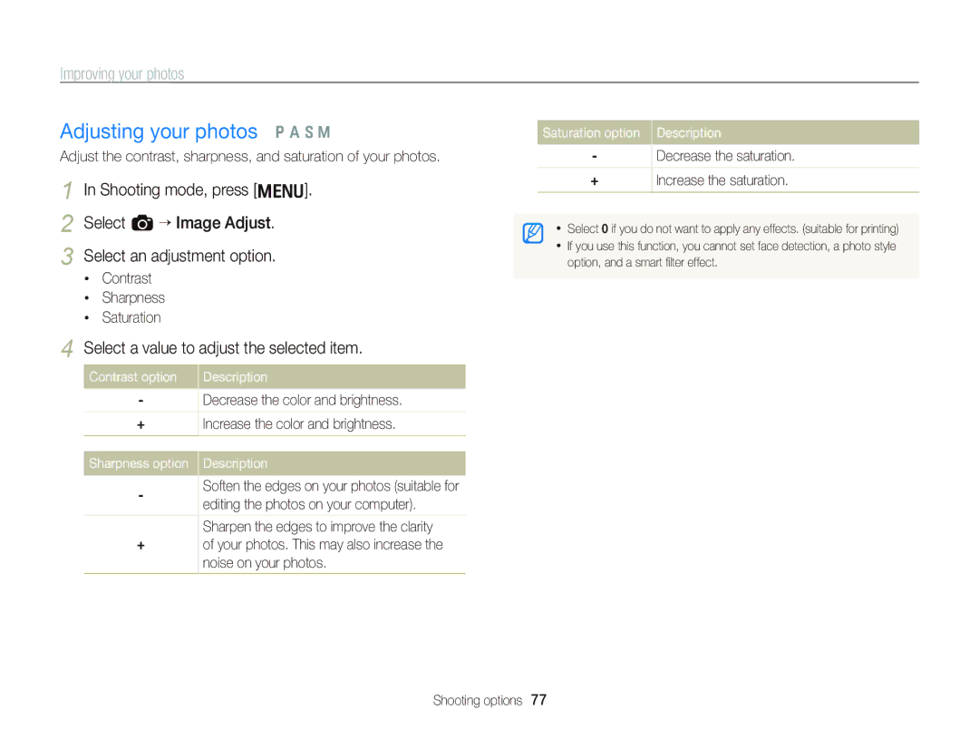 Samsung EC-WB2000BPAIL, EC-WB2000BPAE1 manual Adjusting your photos p a S M, Select a value to adjust the selected item 