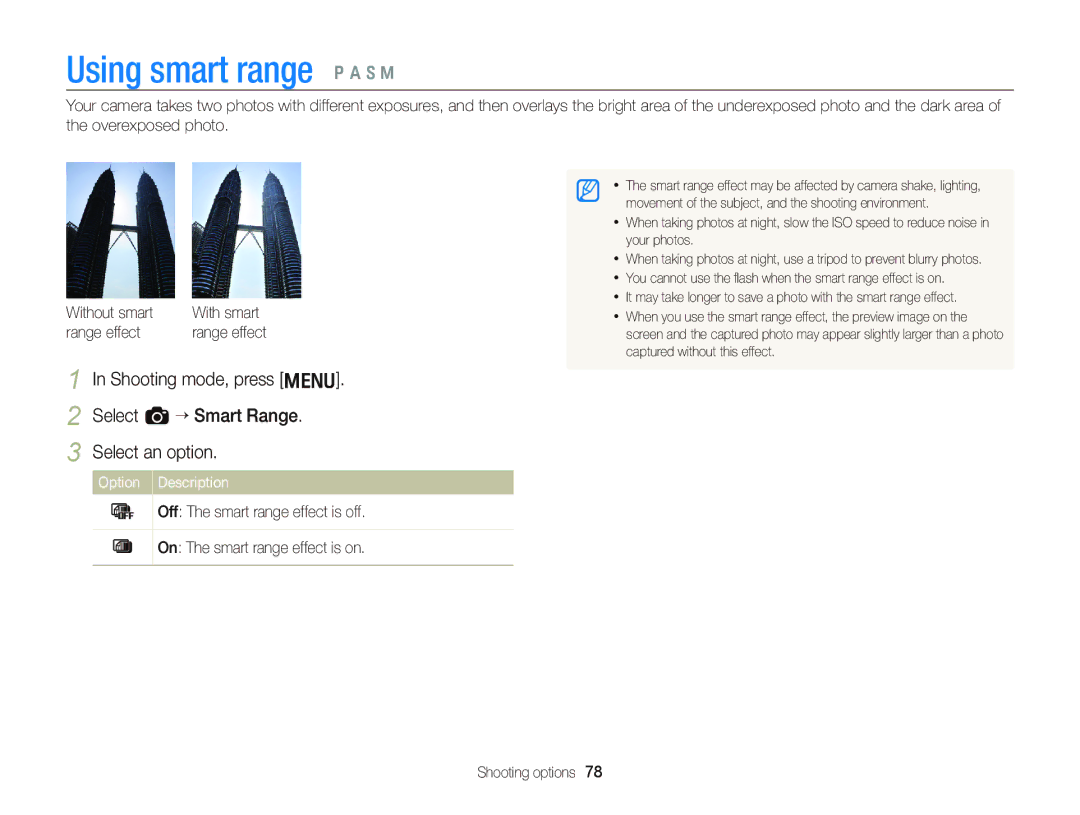 Samsung EC-WB2000BPBIL, EC-WB2000BPAE1 manual Using smart range p a S M, Range effect, Off The smart range effect is off 