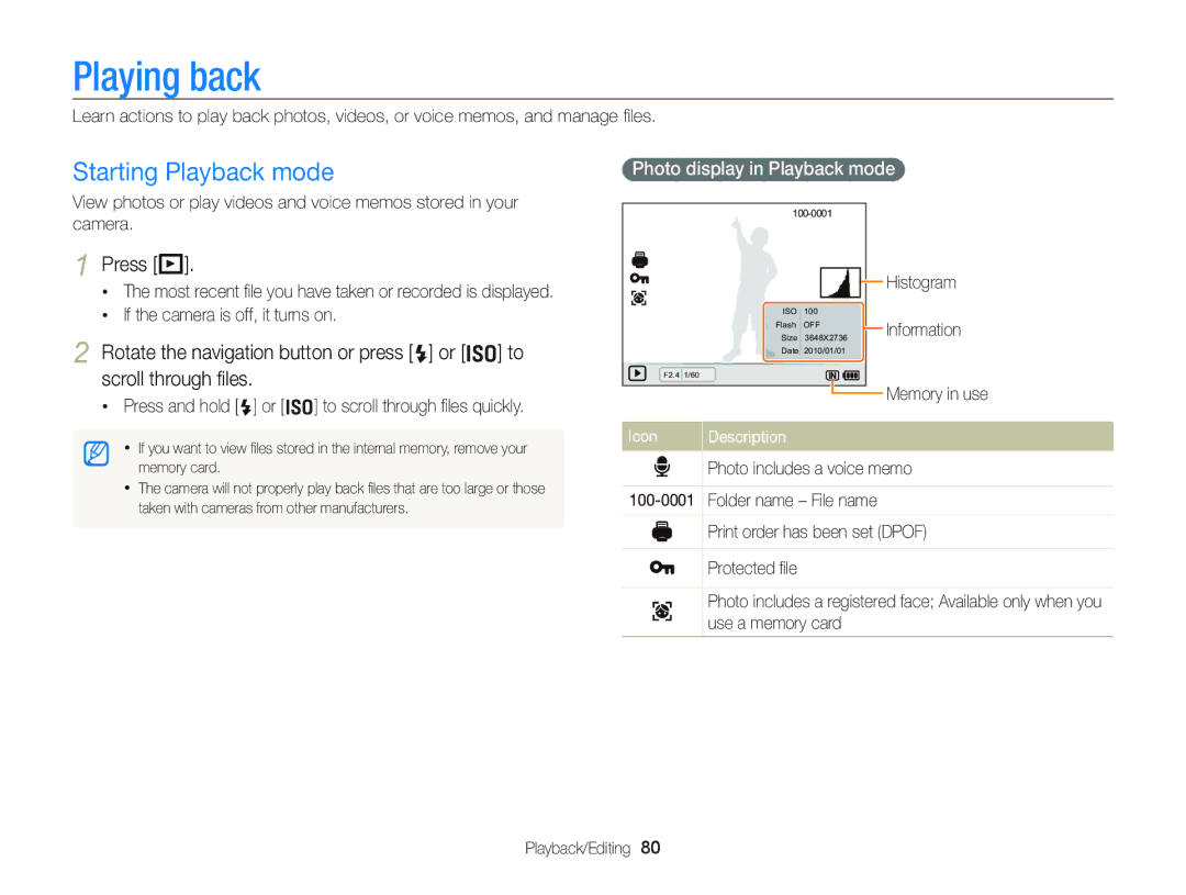 Samsung EC-WB2000BPBE1, EC-WB2000BPAE1 manual Playing back, Starting Playback mode, Press P, Photo display in Playback mode 