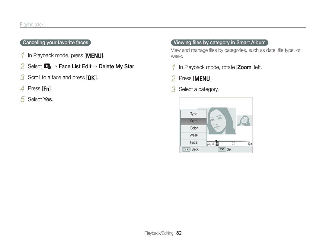 Samsung EC-WB2000BPAE3 Press m Select a category, Canceling your favorite faces, Viewing ﬁles by category in Smart Album 