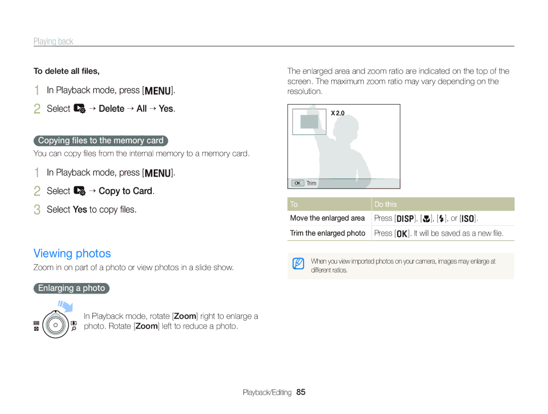 Samsung EC-WB2000BPARU manual Viewing photos, Playback mode, press m Select u “ Delete “ All “ Yes, Enlarging a photo 