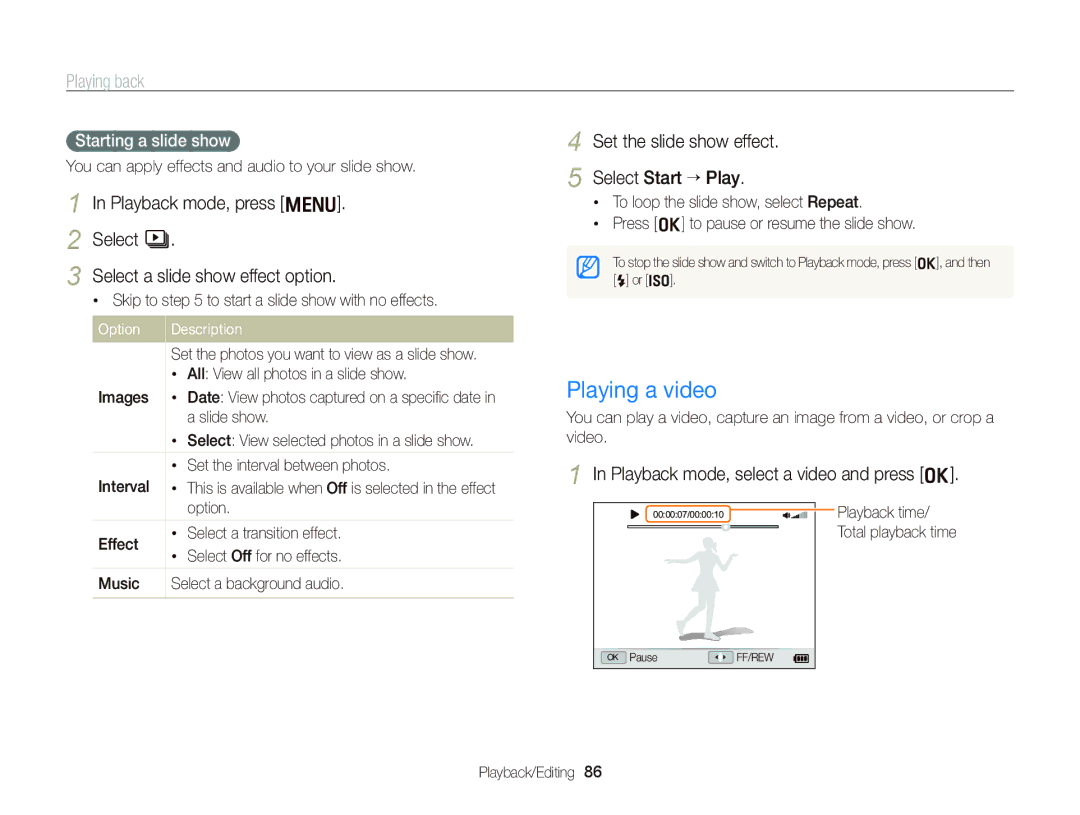 Samsung EC-WB2000BPBRU manual Playing a video, Set the slide show effect Select Start ““Play, Starting a slide show 