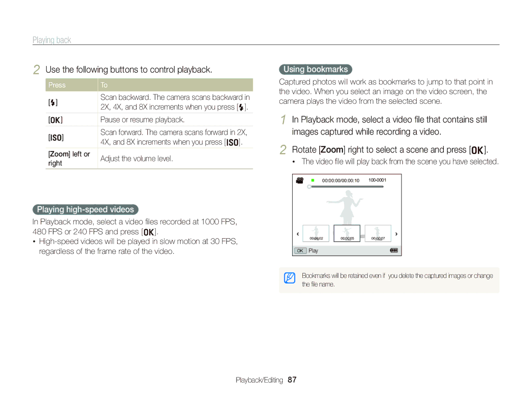 Samsung EC-WB2000BPAIL Use the following buttons to control playback, Rotate Zoom right to select a scene and press o 