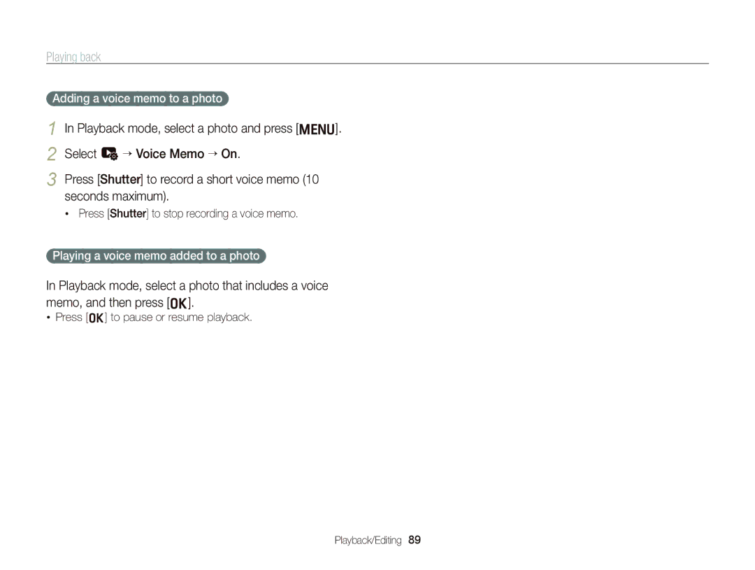 Samsung EC-WB2000BPAE1, EC-WB2000BPBE1 manual Adding a voice memo to a photo, Playing a voice memo added to a photo 