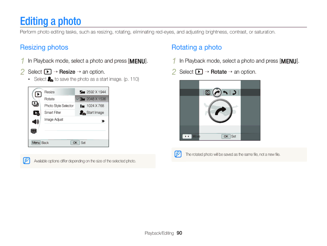 Samsung EC-WB2000BPBE1 Editing a photo, Resizing photos, Rotating a photo, Select to save the photo as a start image. p 