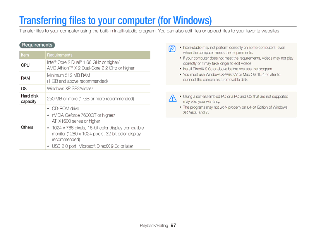 Samsung EC-WB2000BPAIL, EC-WB2000BPAE1, EC-WB2000BPBE1 manual Transferring ﬁles to your computer for Windows, Requirements 