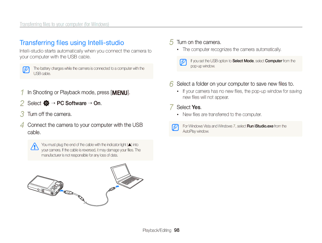 Samsung EC-WB2000BPBIL manual Transferring ﬁles using Intelli-studio, Transferring ﬁles to your computer for Windows 