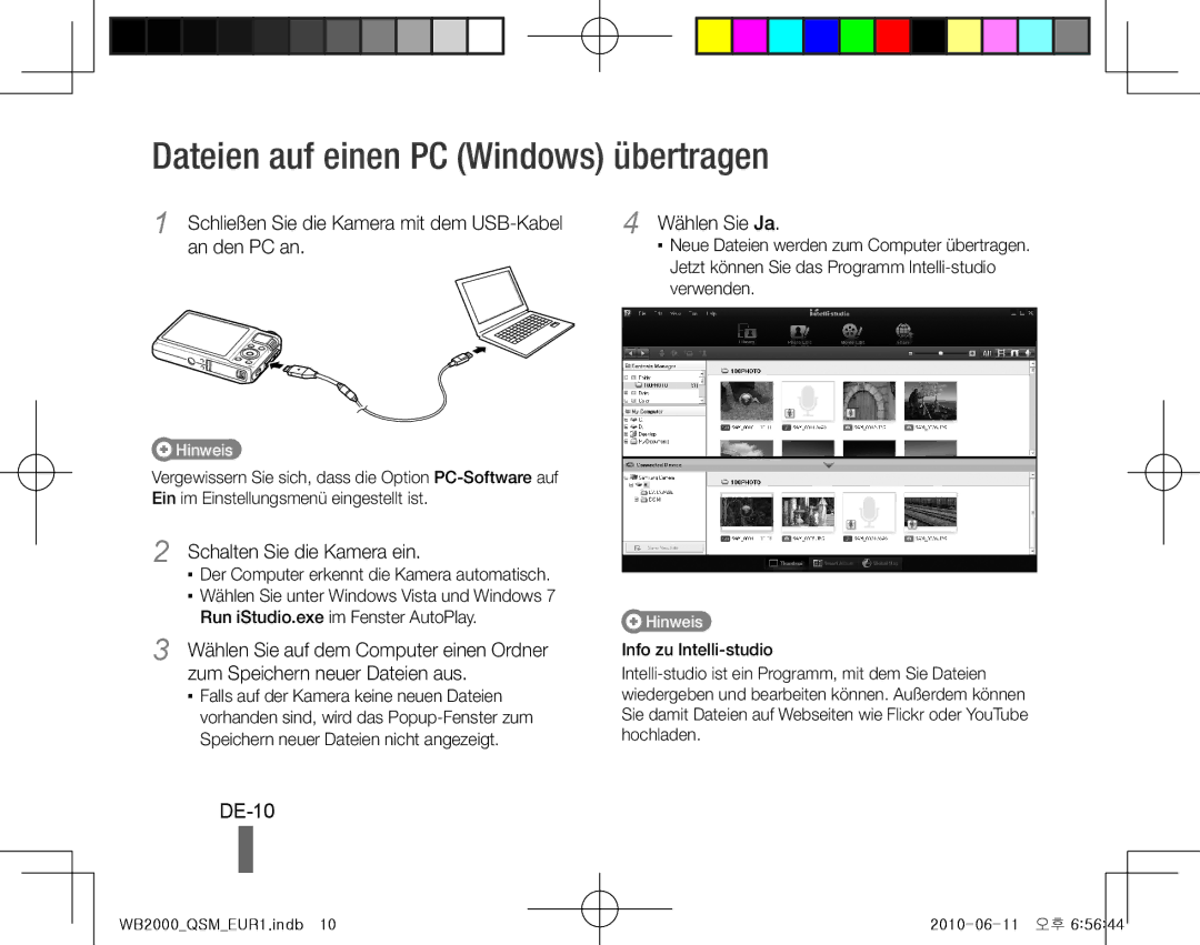 Samsung EC-WB2000BPAE1, EC-WB2000BPBE1 manual Dateien auf einen PC Windows übertragen, DE-10, Schalten Sie die Kamera ein 