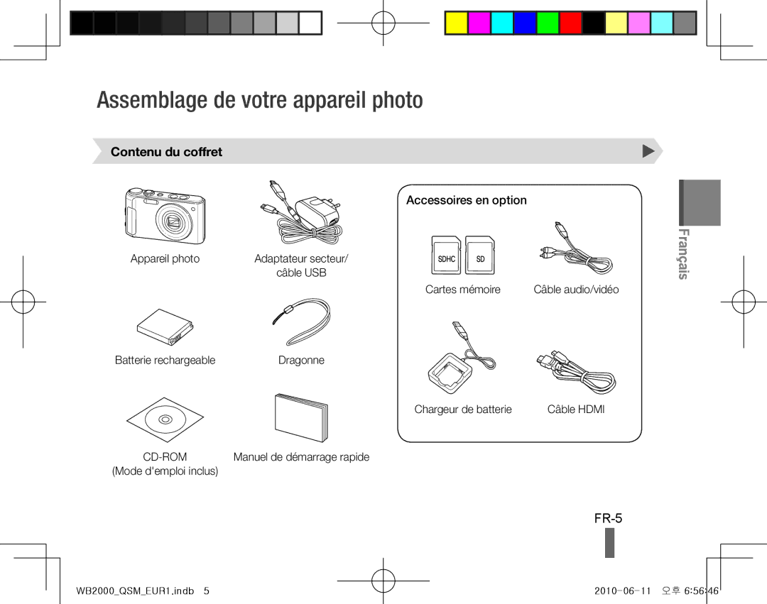 Samsung EC-WB2000BPBE2, EC-WB2000BPAE1 Assemblage de votre appareil photo, FR-5, Contenu du coffret, Accessoires en option 