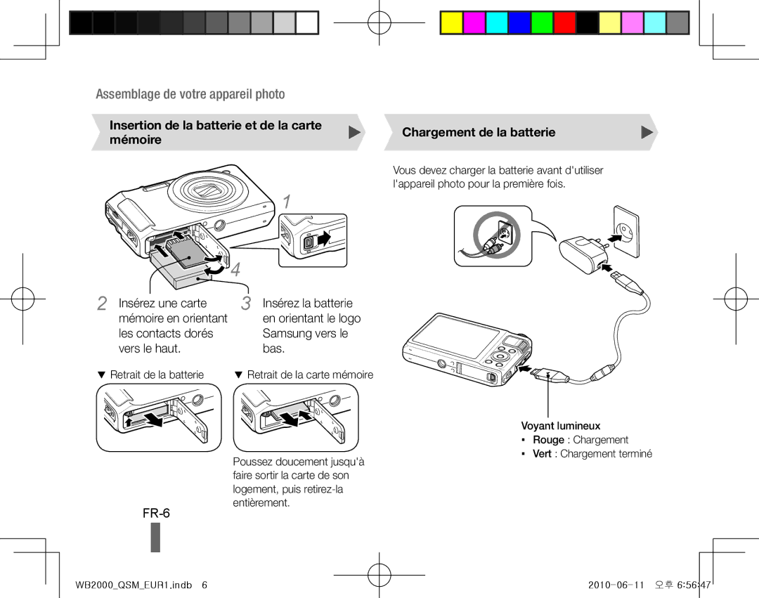 Samsung EC-WB2000BPARU manual FR-6, Insertion de la batterie et de la carte mémoire, Insérez une carte Insérez la batterie 