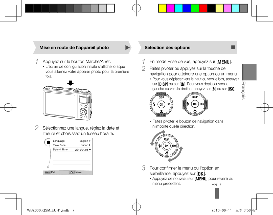 Samsung EC-WB2000BPBRU manual Mise en route de lappareil photo, Appuyez sur le bouton Marche/Arrêt, Sélection des options 