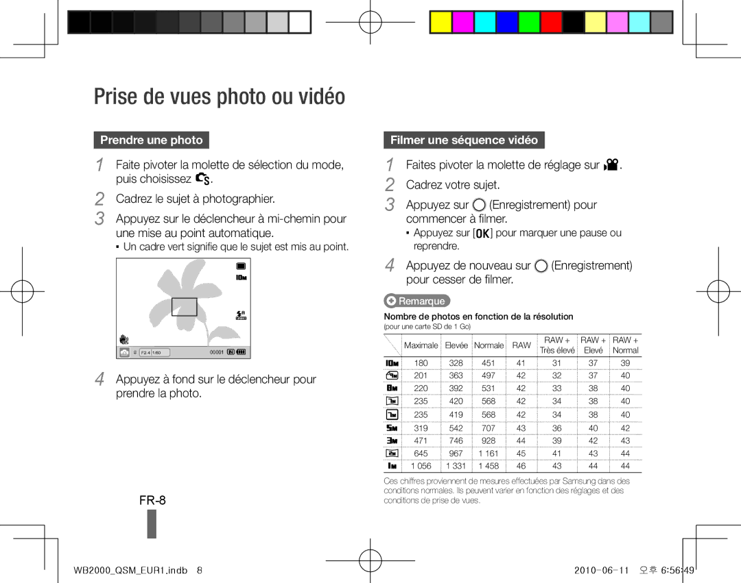 Samsung EC-WB2000BPAIL, EC-WB2000BPAE1 Prise de vues photo ou vidéo, FR-8, Prendre une photo , Filmer une séquence vidéo  