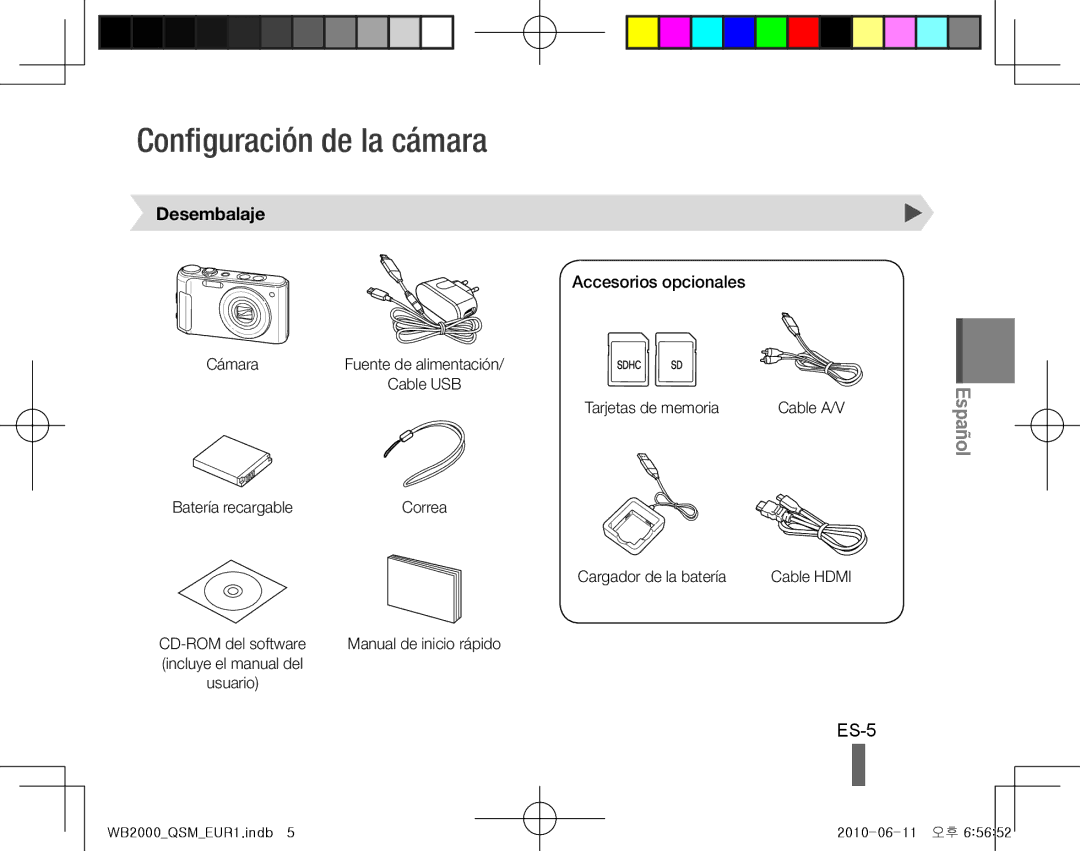 Samsung EC-WB2000BPBE2, EC-WB2000BPAE1, EC-WB2000BPBE1 Configuración de la cámara, ES-5, Desembalaje, Accesorios opcionales 