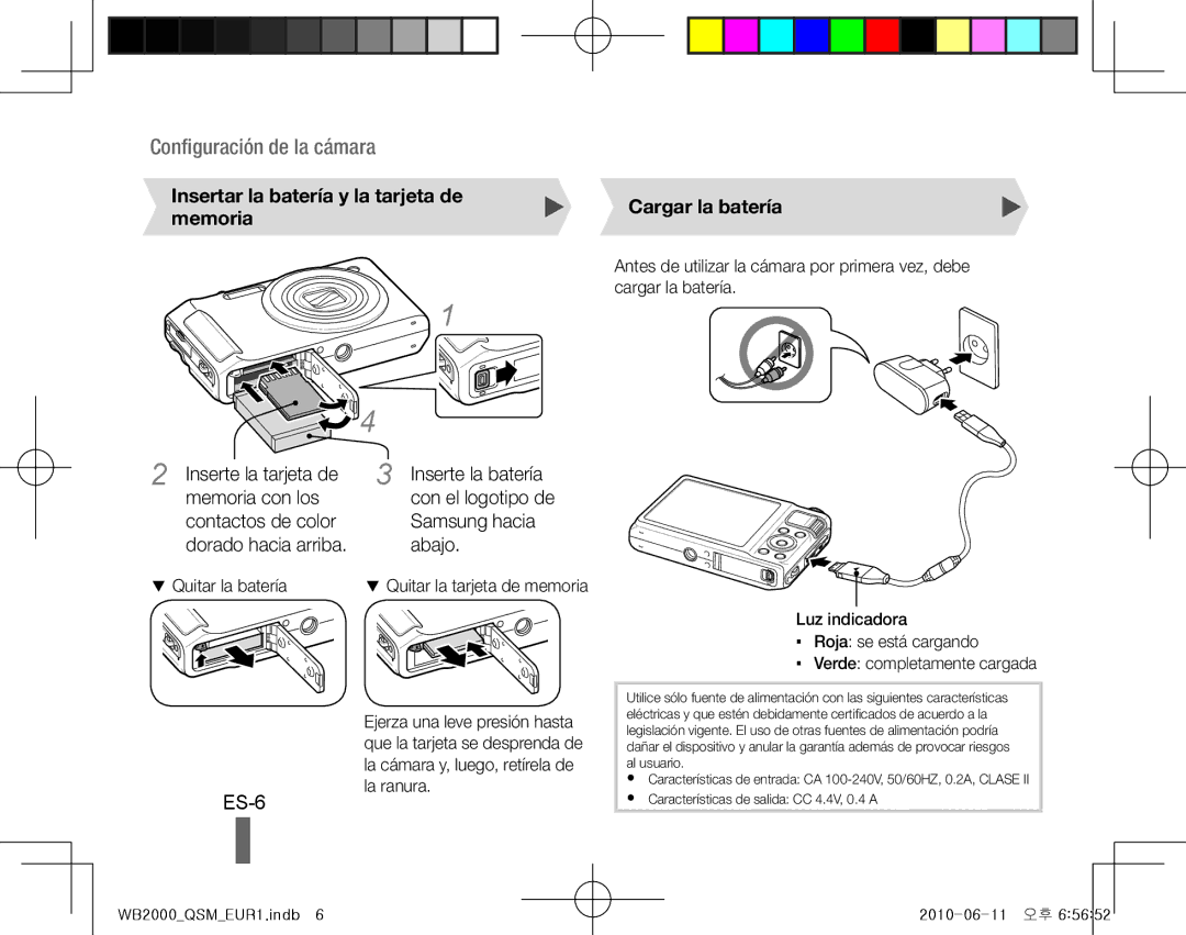 Samsung EC-WB2000BPARU manual ES-6, Insertar la batería y la tarjeta de memoria, Cargar la batería, Quitar la batería 