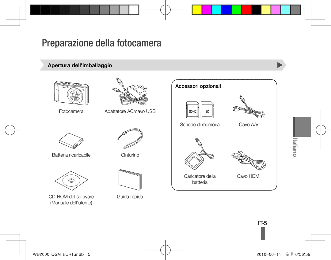 Samsung EC-WB2000BPBE2, EC-WB2000BPAE1 Preparazione della fotocamera, IT-5, Apertura dellimballaggio, Accessori opzionali 