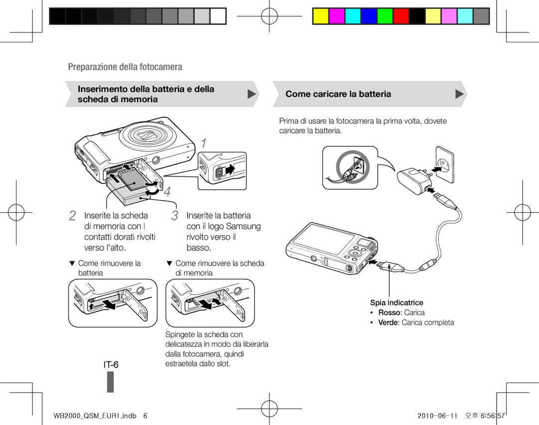 Samsung EC-WB2000BPARU manual IT-6, Inserimento della batteria e della scheda di memoria, Come caricare la batteria 