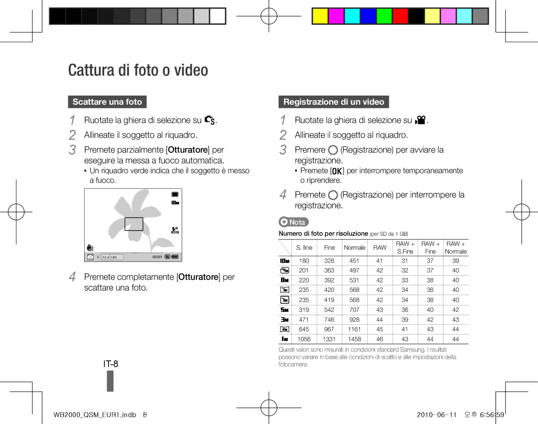 Samsung EC-WB2000BPAIL, EC-WB2000BPAE1 manual Cattura di foto o video, IT-8, Scattare una foto , Registrazione di un video  