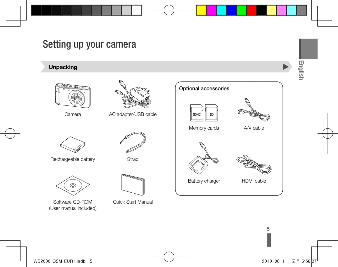 Samsung EC-WB2000BPBE2, EC-WB2000BPAE1, EC-WB2000BPBE1 manual Setting up your camera, Unpacking, Optional accessories 