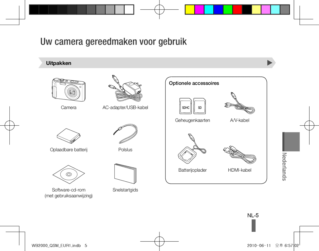 Samsung EC-WB2000BPBE2, EC-WB2000BPAE1 manual Uw camera gereedmaken voor gebruik, NL-5, Uitpakken, Optionele accessoires 