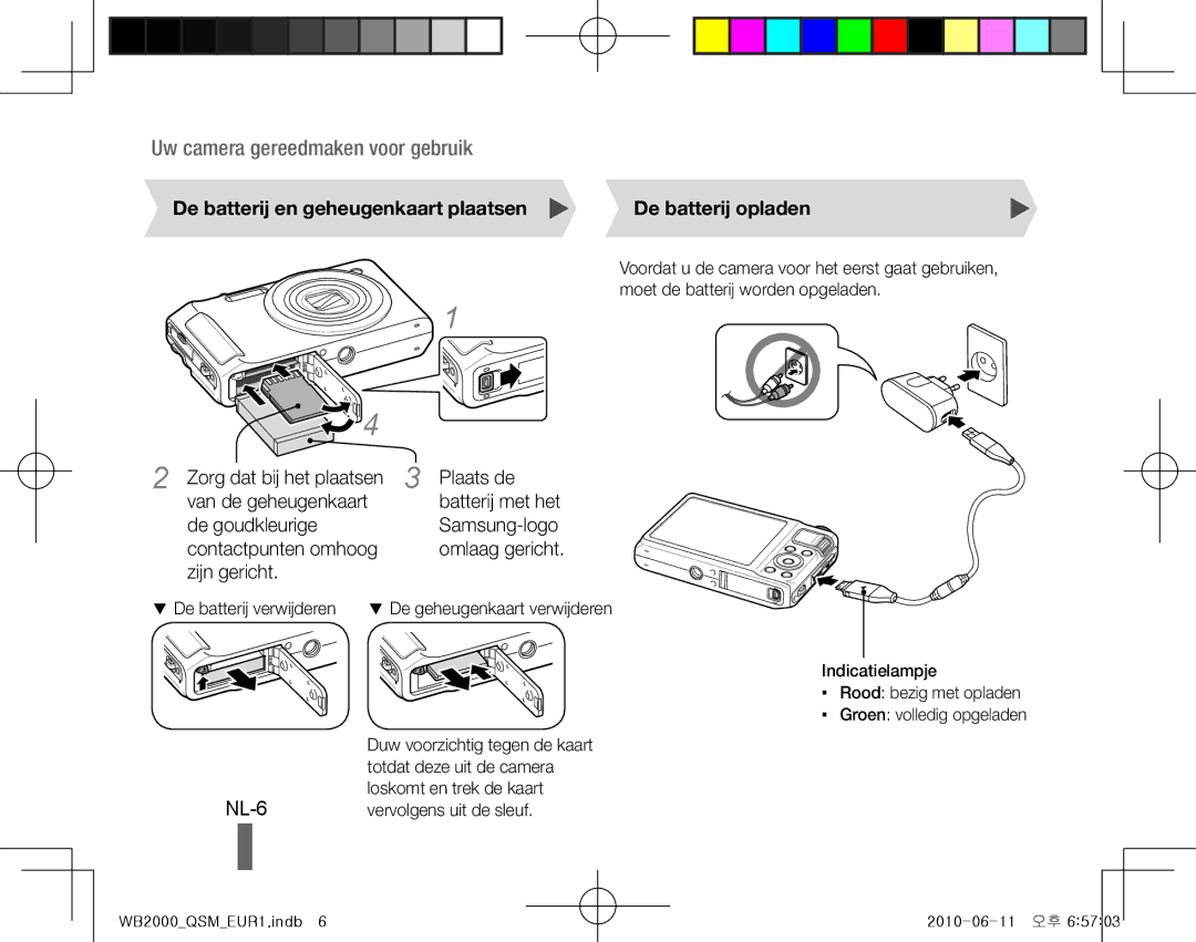 Samsung EC-WB2000BPARU, EC-WB2000BPAE1, EC-WB2000BPBE1 manual NL-6, De batterij en geheugenkaart plaatsen De batterij opladen 