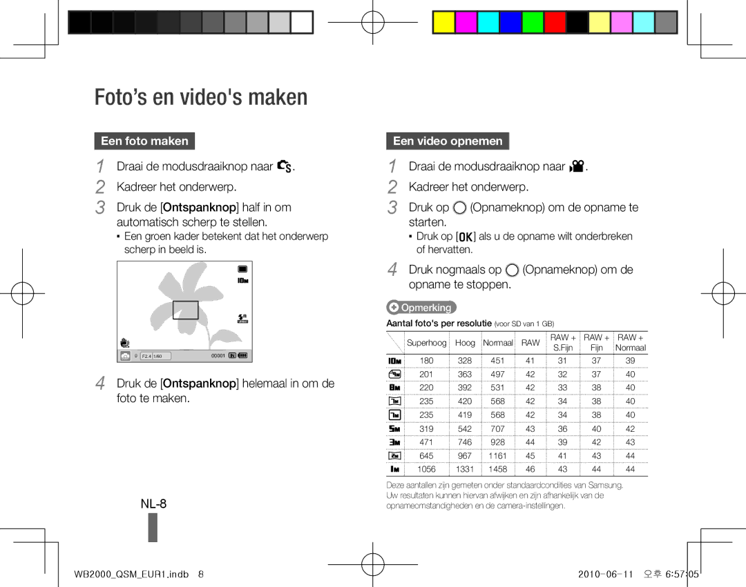 Samsung EC-WB2000BPAIL manual Foto’s en videos maken, NL-8, Een foto maken , Kadreer het onderwerp, Een video opnemen  