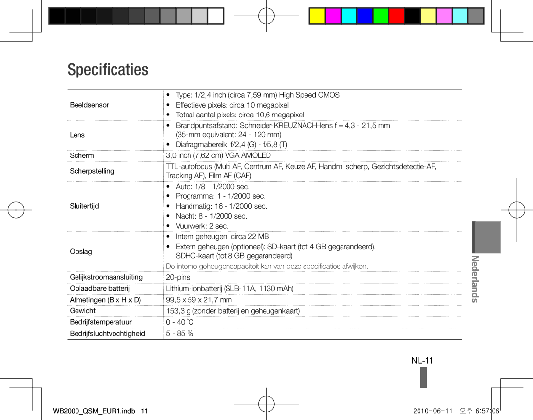 Samsung EC-WB2000BPBE1 manual Specificaties, NL-11, Type 1/2,4 inch circa 7,59 mm High Speed Cmos, Tracking AF, Film AF CAF 