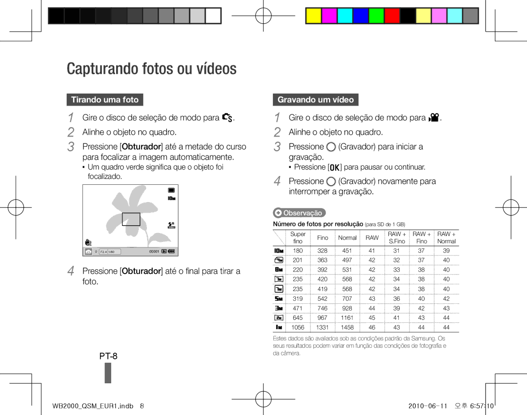 Samsung EC-WB2000BPAIL, EC-WB2000BPAE1 manual Capturando fotos ou vídeos, PT-8, Tirando uma foto , Gravando um vídeo  