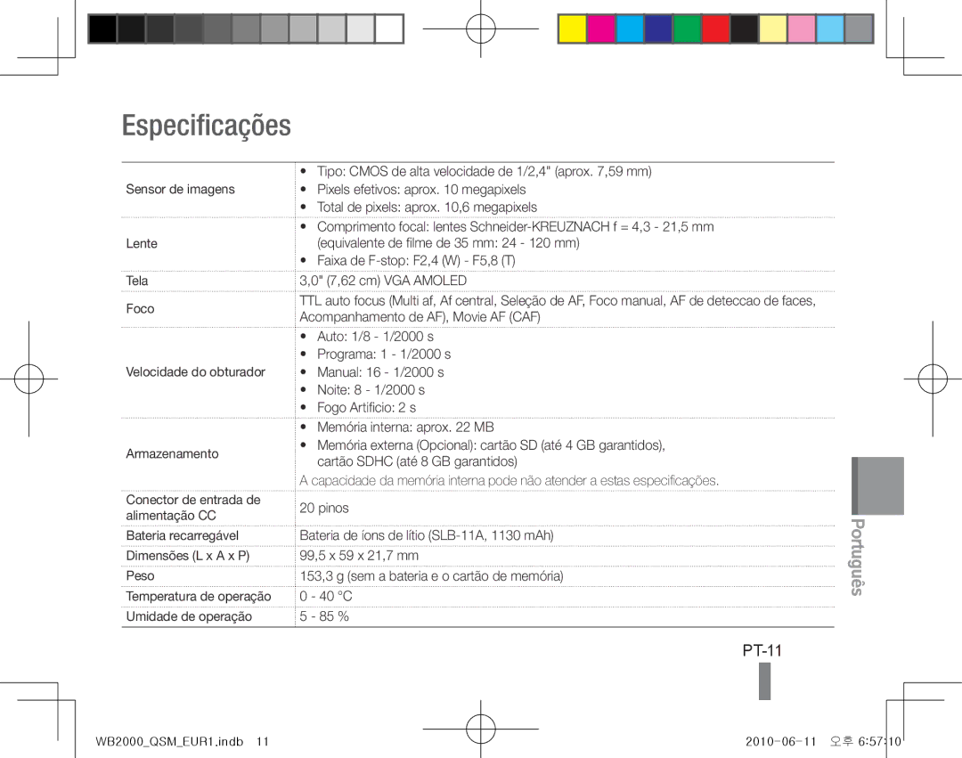 Samsung EC-WB2000BPBE1, EC-WB2000BPAE1 manual Especificações, PT-11, Tipo Cmos de alta velocidade de 1/2,4 aprox ,59 mm 