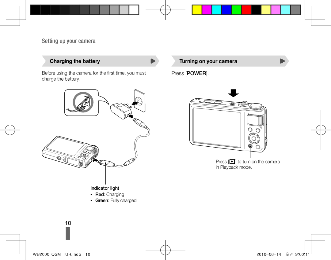 Samsung EC-WB2000BPAE1, EC-WB2000BPBE1, EC-WB2000BPBIT manual Charging the battery, Turning on your camera, Press Power 