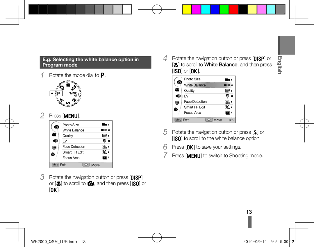 Samsung EC-WB2000BPAE3 manual Selecting the white balance option in Program mode, Rotate the mode dial to p Press m 