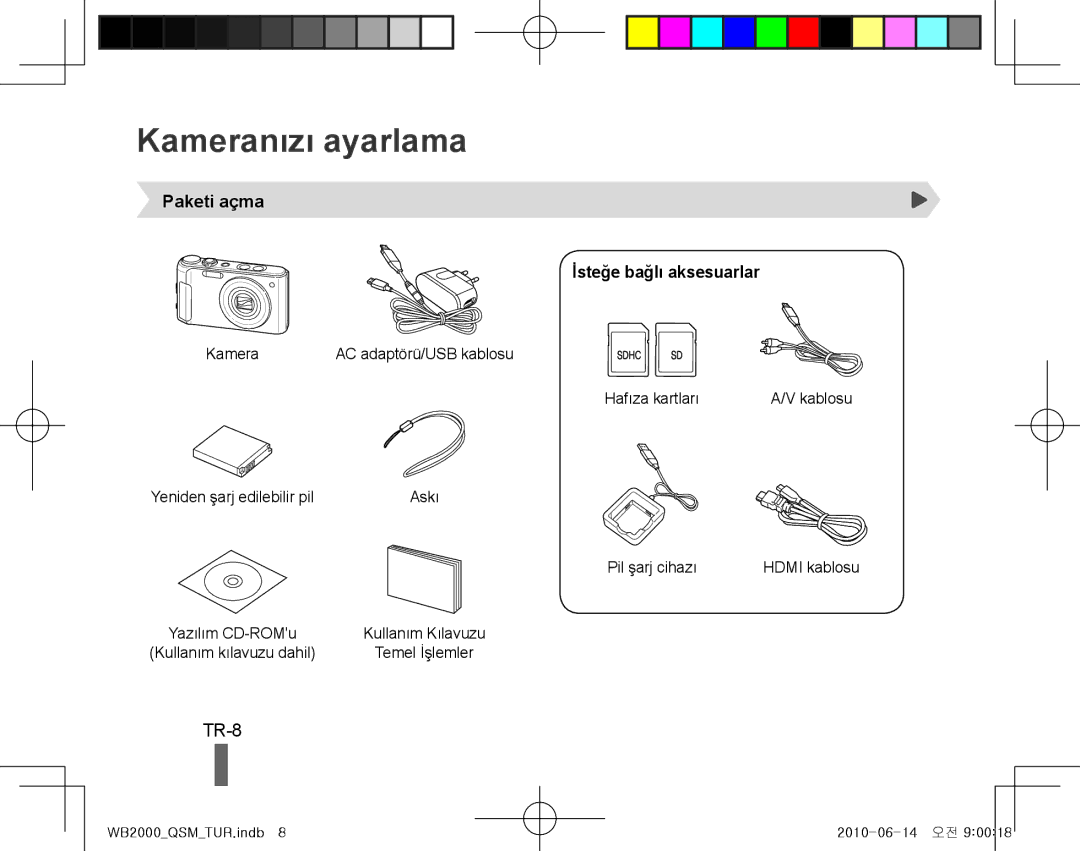 Samsung EC-WB2000BPARU, EC-WB2000BPAE1, EC-WB2000BPBE1 manual Kameranızı ayarlama, TR-8, Paketi açma İsteğe bağlı aksesuarlar 