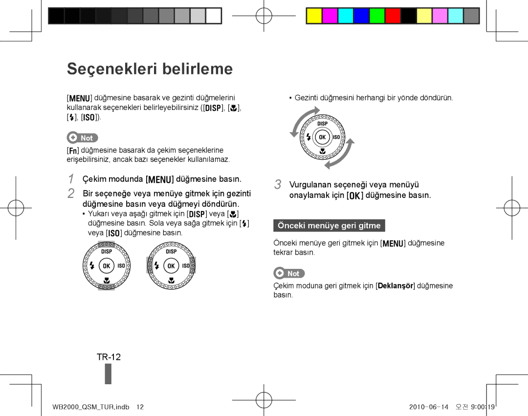 Samsung EC-WB2000BPAE1, EC-WB2000BPBE1, EC-WB2000BPBIT manual Seçenekleri belirleme, TR-12, Önceki menüye geri gitme 