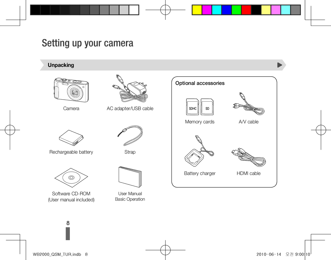 Samsung EC-WB2000BPAIL, EC-WB2000BPAE1, EC-WB2000BPBE1 manual Setting up your camera, Unpacking, Optional accessories 