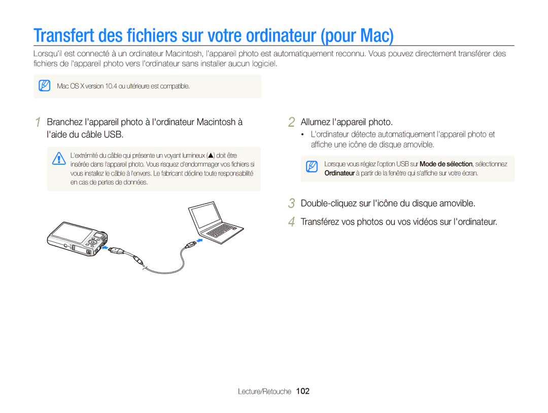 Samsung EC-WB2000BPBE1, EC-WB2000BPAE1 manual Transfert des ﬁchiers sur votre ordinateur pour Mac 