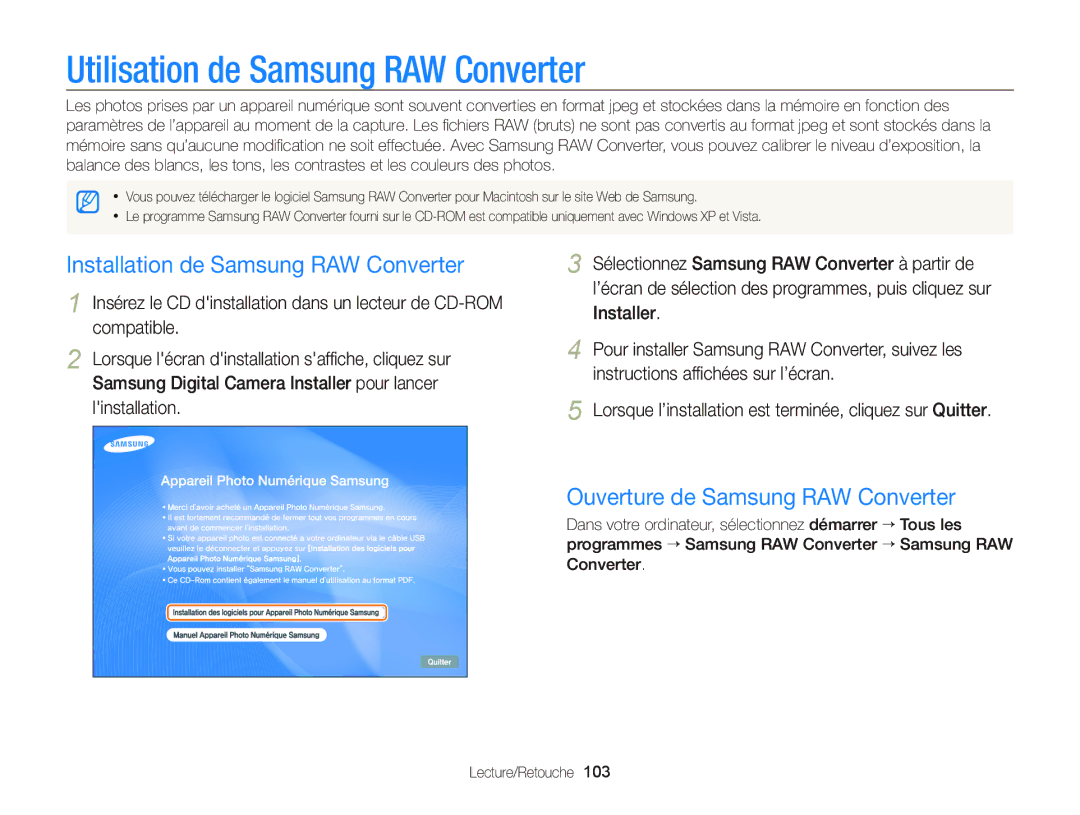 Samsung EC-WB2000BPAE1, EC-WB2000BPBE1 manual Utilisation de Samsung RAW Converter, Installation de Samsung RAW Converter 