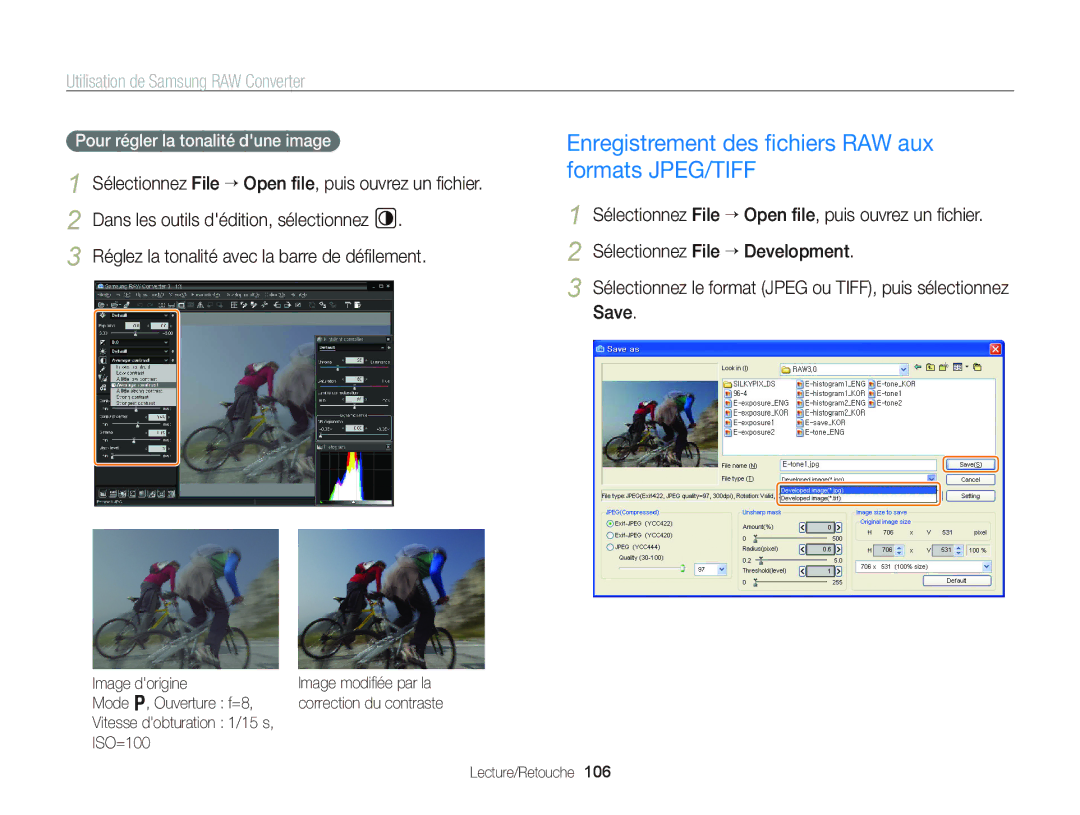 Samsung EC-WB2000BPBE1 manual Enregistrement des ﬁchiers RAW aux formats JPEG/TIFF, Pour régler la tonalité dune image 