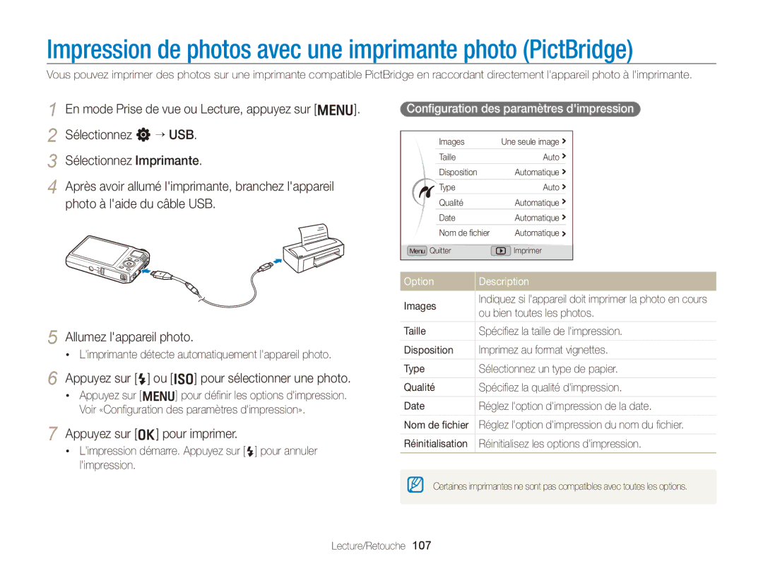 Samsung EC-WB2000BPAE1 manual Impression de photos avec une imprimante photo PictBridge, Appuyez sur o pour imprimer 