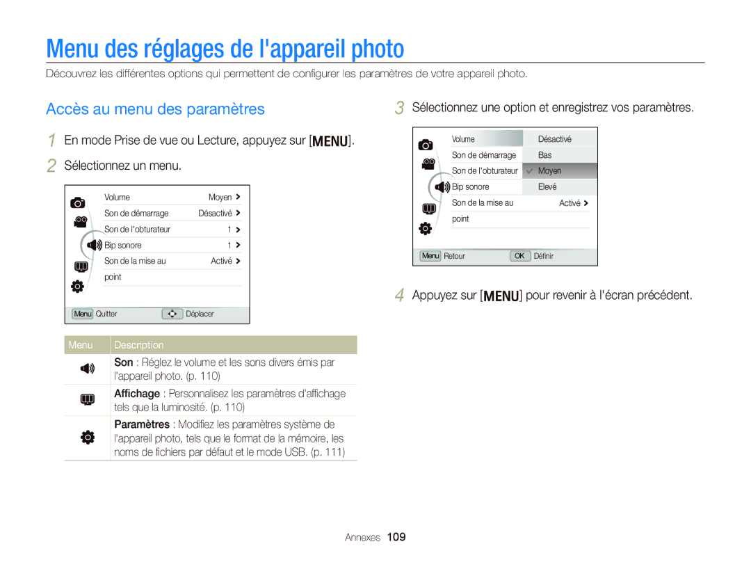 Samsung EC-WB2000BPAE1 manual Menu des réglages de lappareil photo, Accès au menu des paramètres, Menu Description 