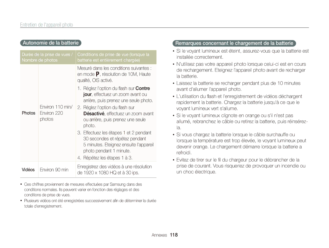 Samsung EC-WB2000BPBE1, EC-WB2000BPAE1 manual Autonomie de la batterie, Remarques concernant le chargement de la batterie 