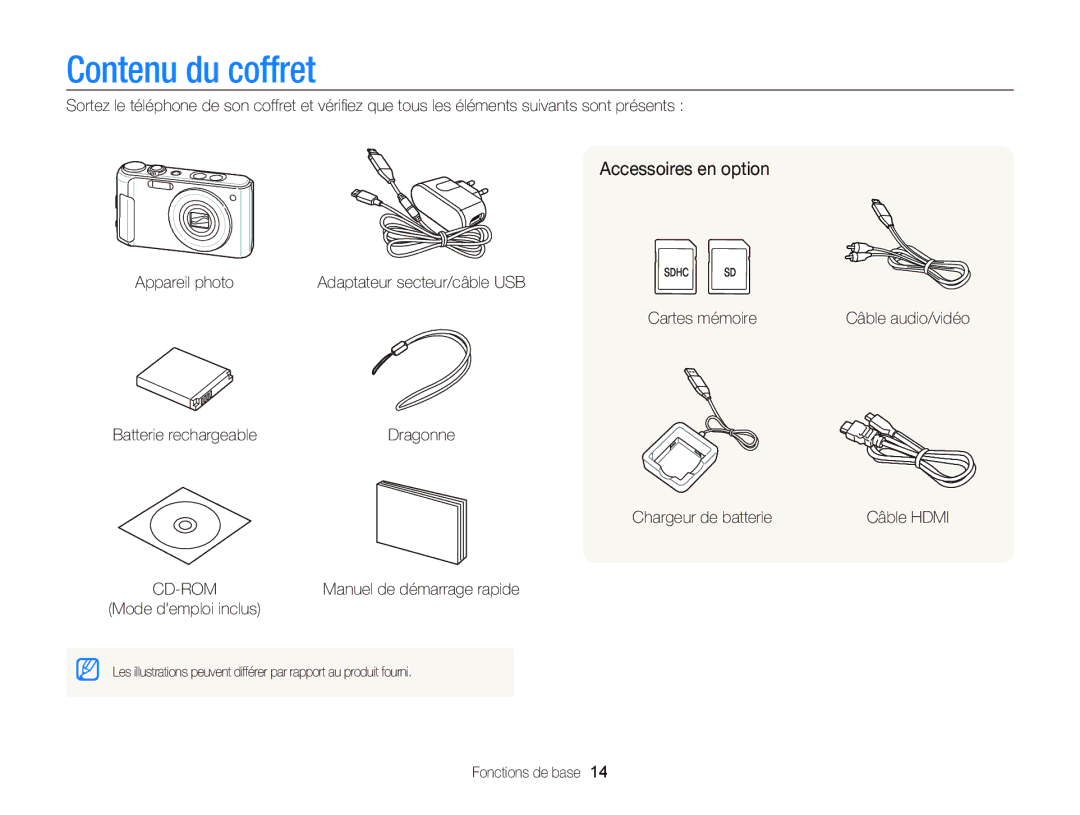 Samsung EC-WB2000BPBE1, EC-WB2000BPAE1 manual Contenu du coffret, Accessoires en option 