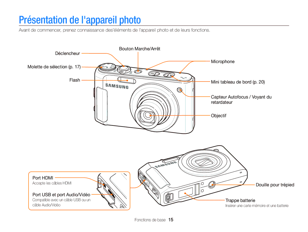 Samsung EC-WB2000BPAE1, EC-WB2000BPBE1 manual Présentation de lappareil photo 