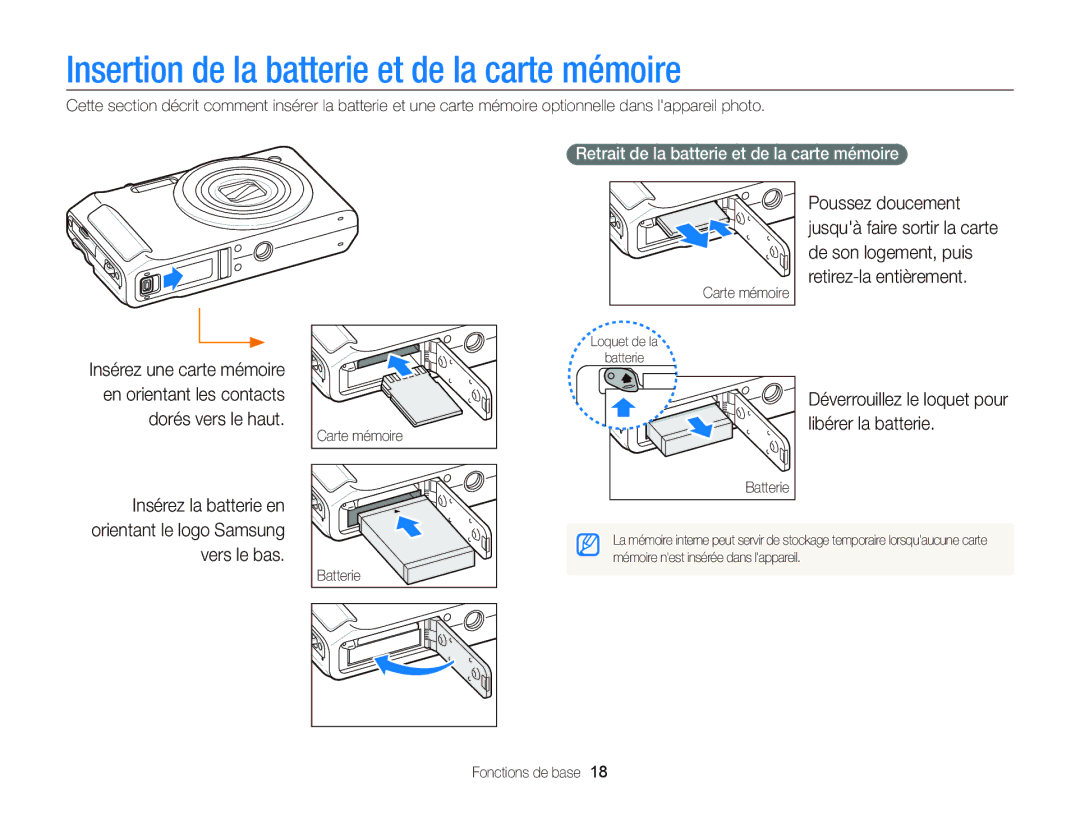 Samsung EC-WB2000BPBE1 Insertion de la batterie et de la carte mémoire, Déverrouillez le loquet pour libérer la batterie 