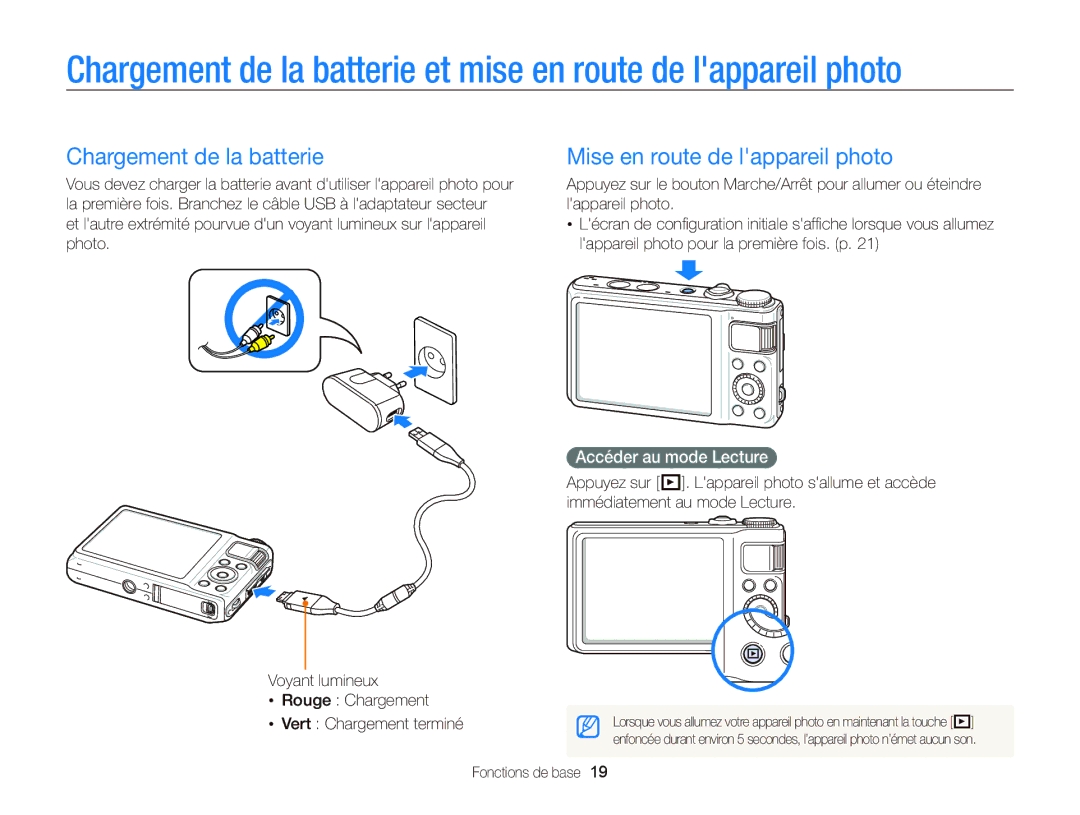 Samsung EC-WB2000BPAE1 manual Chargement de la batterie, Mise en route de lappareil photo, Accéder au mode Lecture 